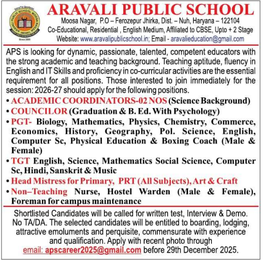 Aravali Public School Haryana Recruitment 2026