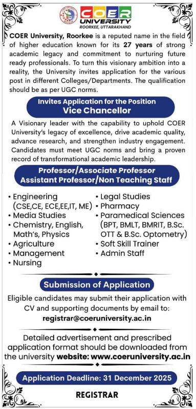 COER University Roorkee Recruitment 2026