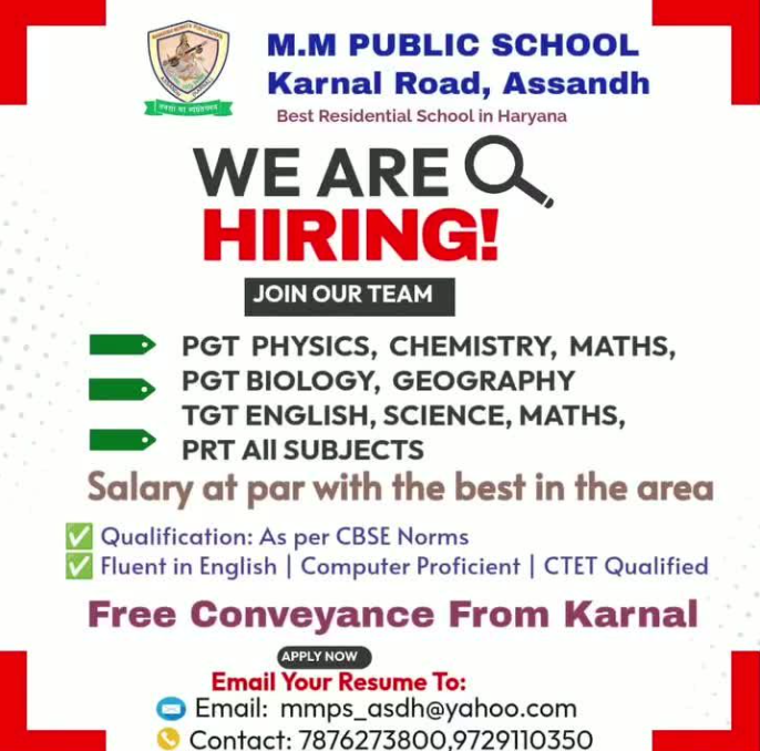 PGT TGT PRT Vacancies at M.M Public School