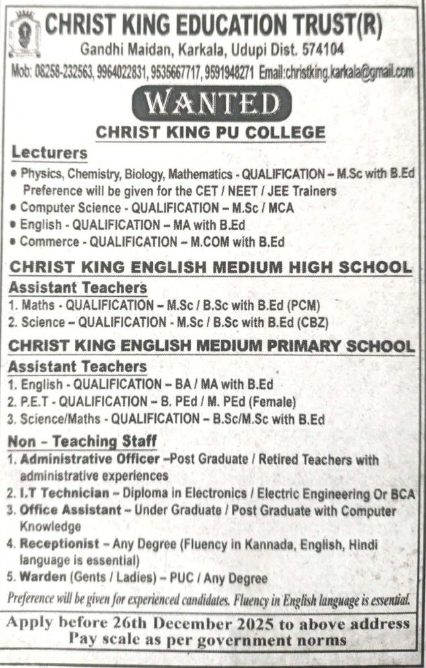 Lecturers and Teacher Vacancies at Christ King Institutions