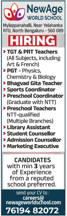 NewAge World School Bangalore Recruitment 2025