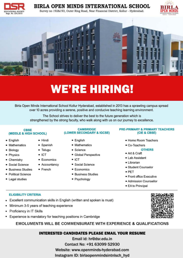 CBSE and Cambridge Faculty Vacancies at Birla Open Minds School