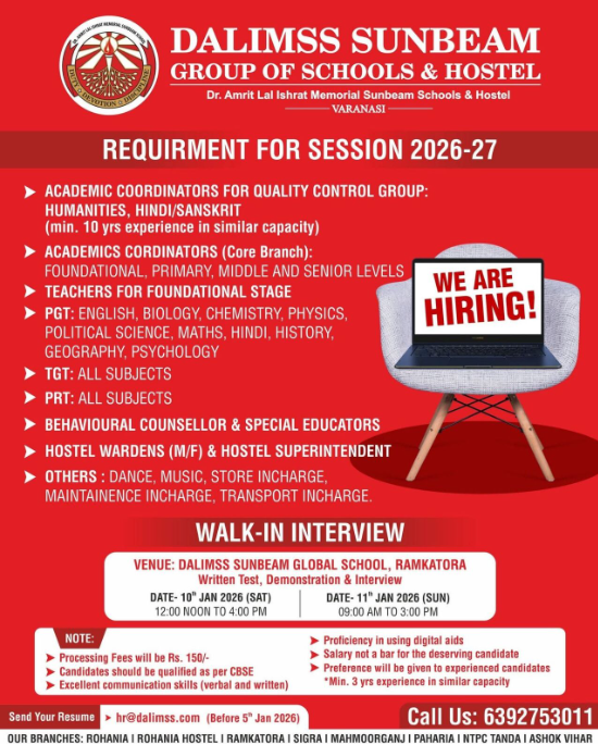 CBSE Faculty Vacancies at DALIMSS Sunbeam Schools