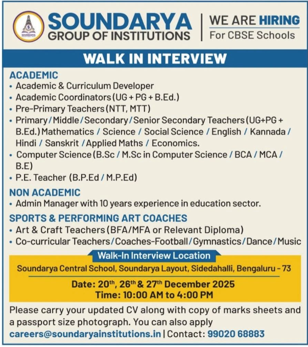CBSE Faculty Walk-In at Soundarya Group of Institutions