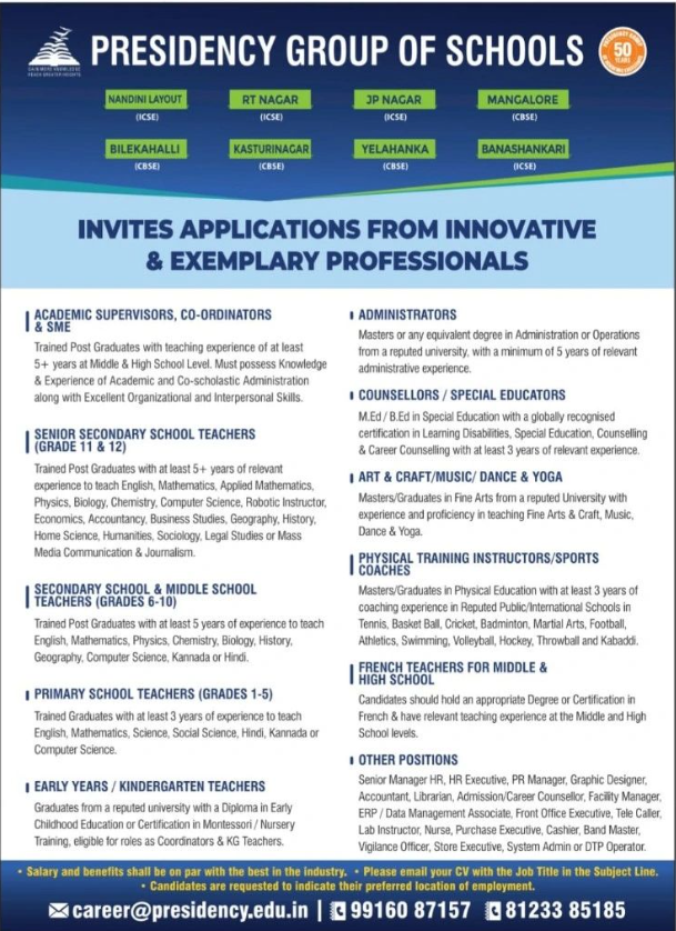 Presidency Group of Schools Faculty Recruitment