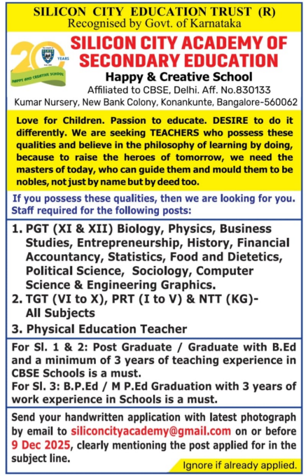 Silicon City Academy of Secondary Education Bangalore Recruitment 2025