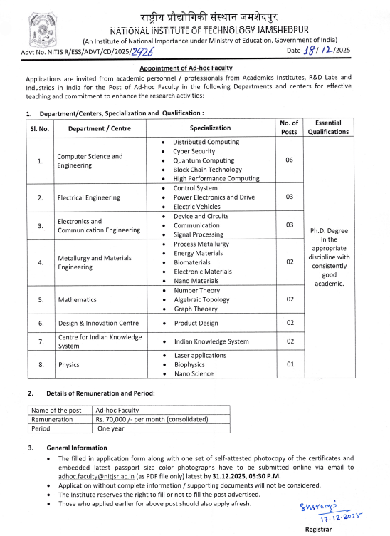 NIT Jamshedpur Ad-hoc Faculty Recruitment 2026