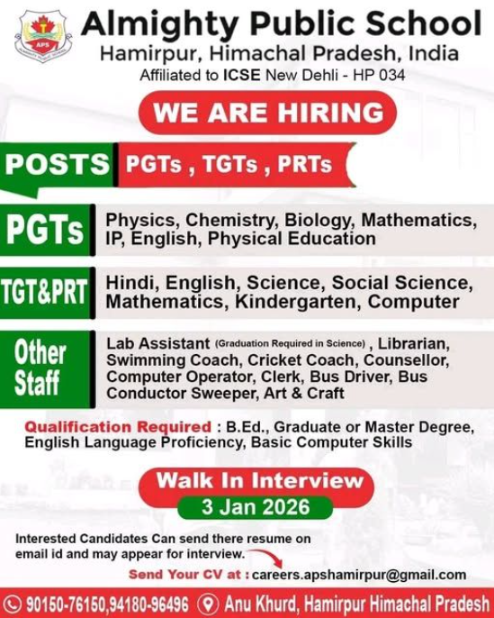 Almighty Public School Recruitment 2026