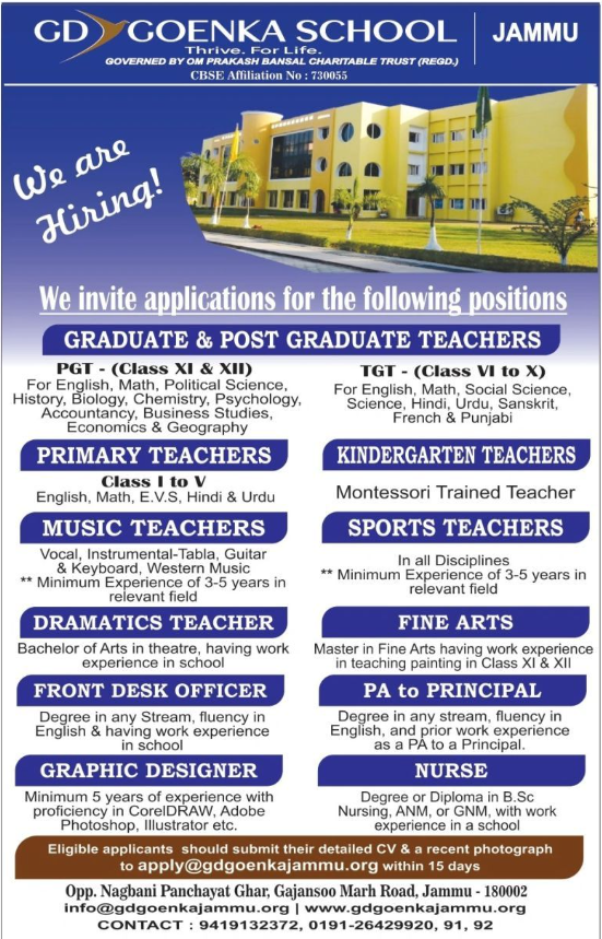GD Goenka School Jammu Recruitment 2026