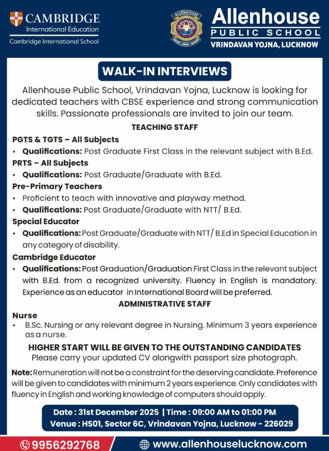Allenhouse Public School Lucknow Recruitment 2026