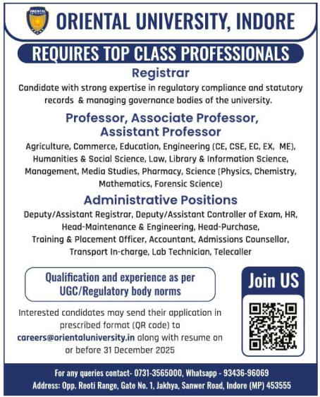 Oriental University Indore Recruitment 2025