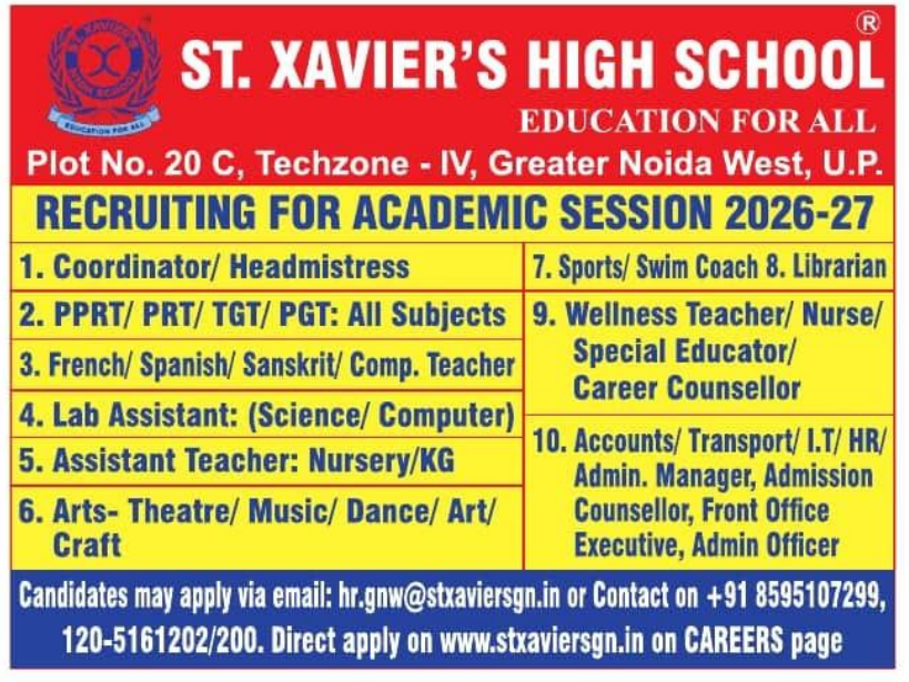 St Xavier High School Greater Noida Recruitment 2026