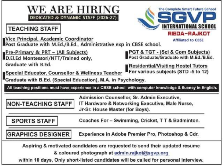 SGVP International School Rajkot Recruitment 2026