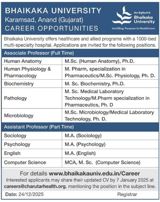 Associate and Assistant Professor Jobs at Bhaikaka University