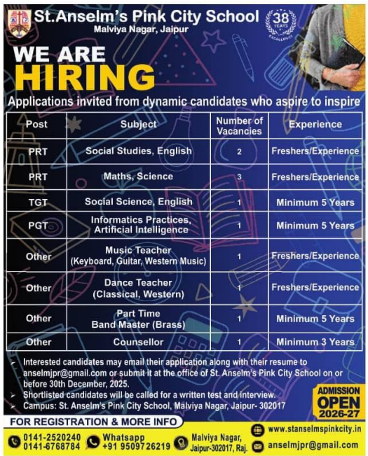 St Anselms Pink City School Jaipur Recruitment 2026
