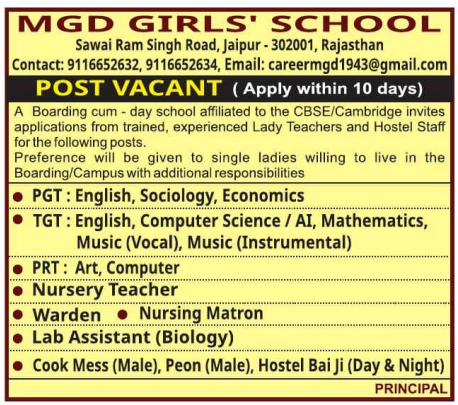 MGD Girls’ School Jaipur Recruitment 2025