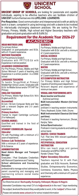 UNICENT School Hyderabad Recruitment 2026