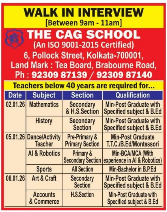 The CAG School Kolkata Walk-In Interview 2026