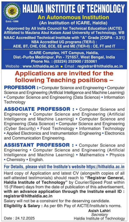 Haldia Institute of Technology Recruitment 2026
