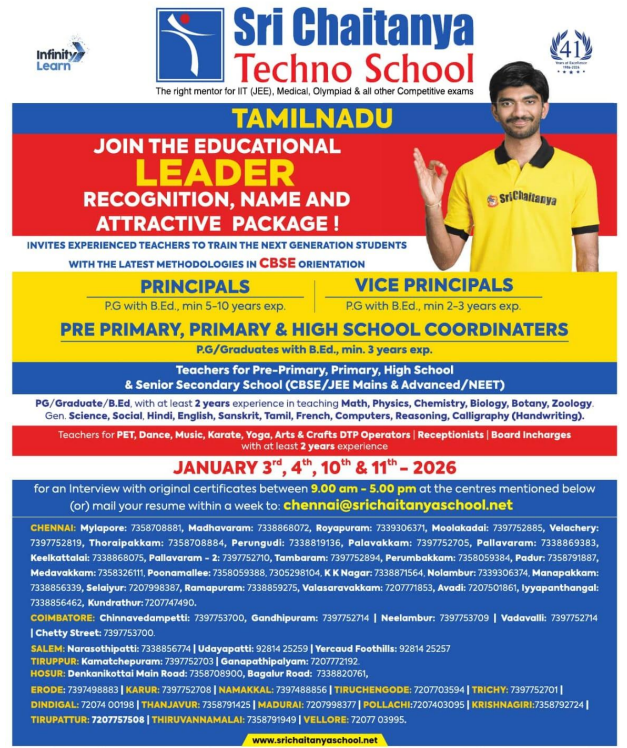 Sri Chaitanya Techno School Tamil Nadu Recruitment 2026