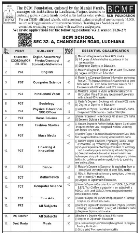 BCM School Ludhiana Recruitment 2026