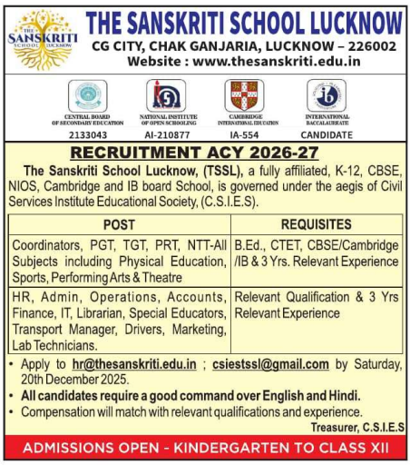 The Sanskriti School Lucknow Recruitment 2026