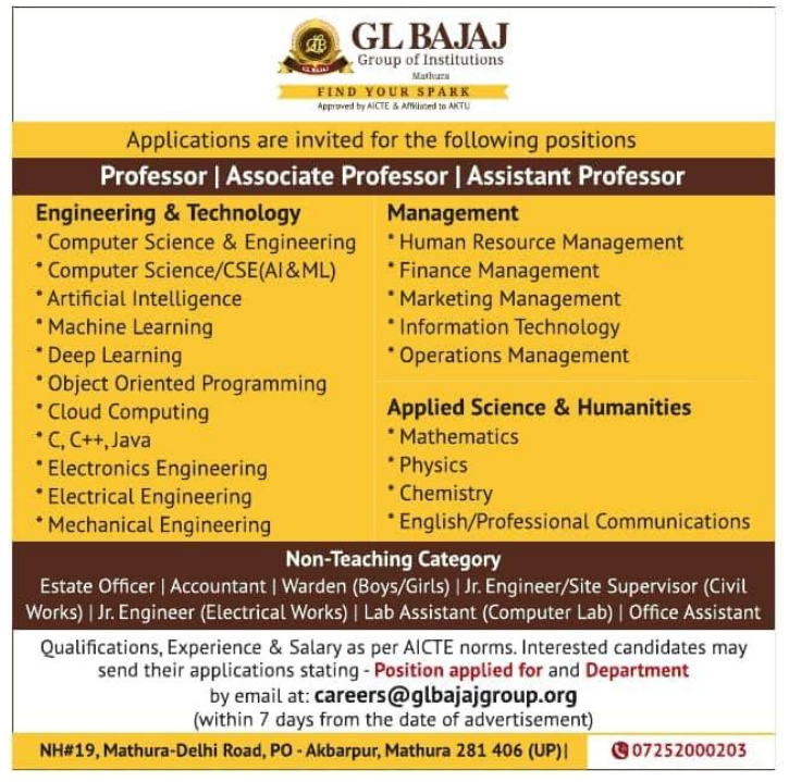 GL Bajaj Group of Institutions Recruitment 2026