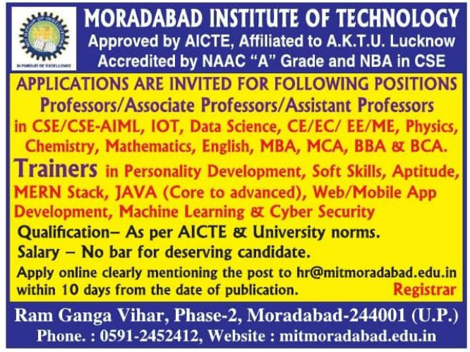 Moradabad Institute of Technology Recruitment 2026