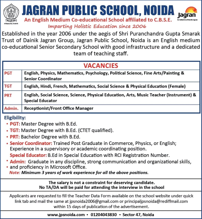 Jagran Public School Noida Recruitment 2026