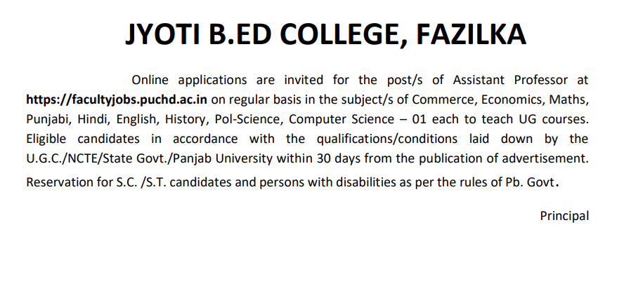 Assistant Professor Jobs at Jyoti B.Ed College