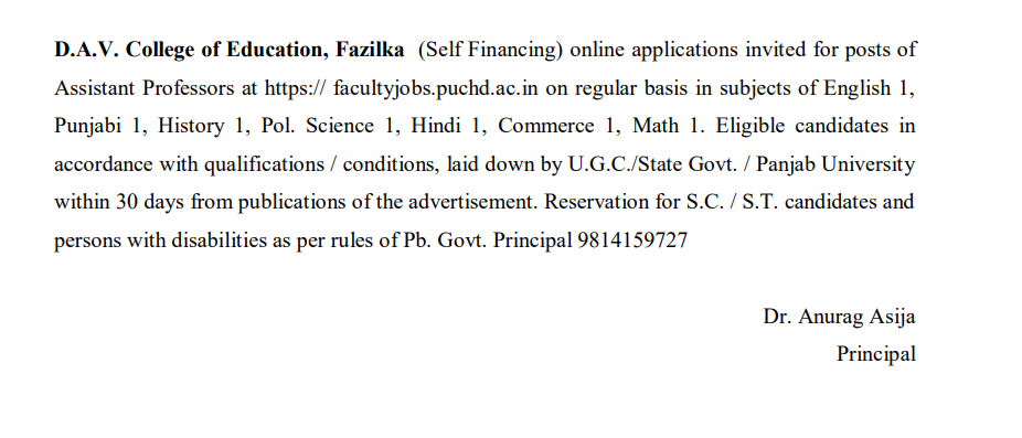 Assistant Professor Jobs in DAV College of Education 2026