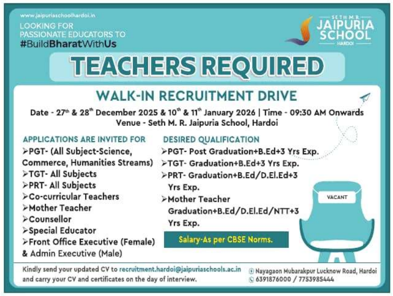Seth MR Jaipuria School Hardoi Recruitment 2025
