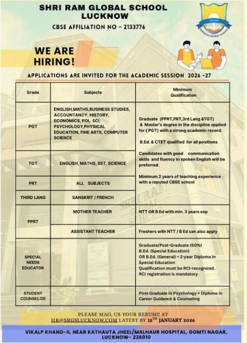 Shri Ram Global School Lucknow Recruitment 2026