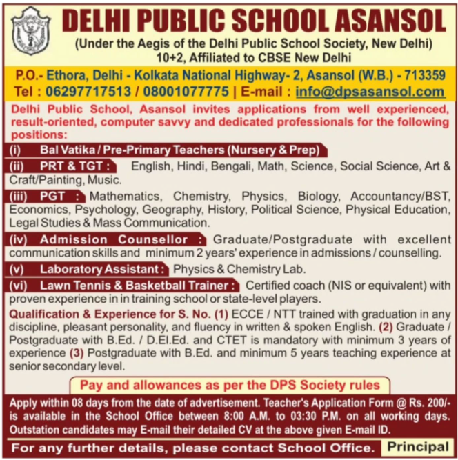 Delhi Public School Asansol Recruitment 2026