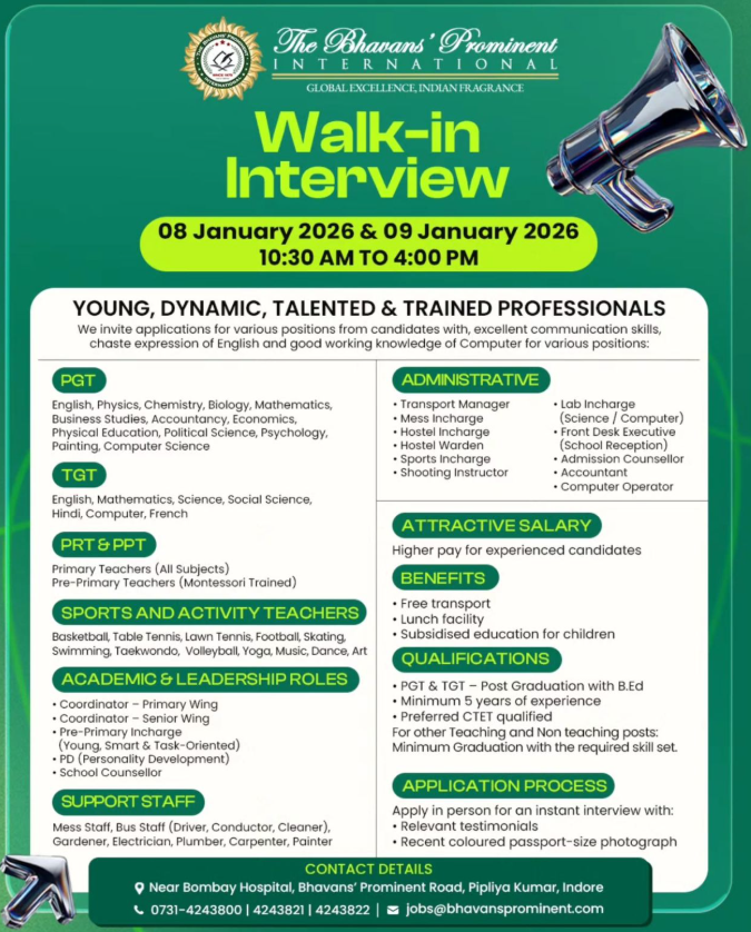 Bhavans Prominent International Walk-in Interview 2026