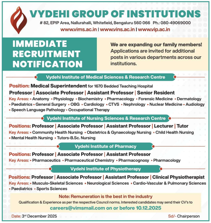 Vydehi Group of Institutions Bangalore Recruitment 2025