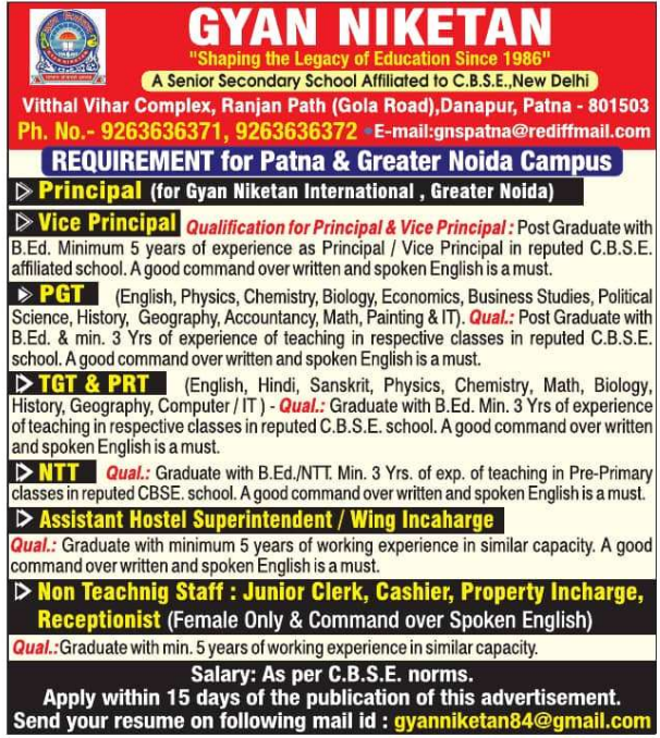 Gyan Niketan School Patna and Greater Noida Recruitment 2025