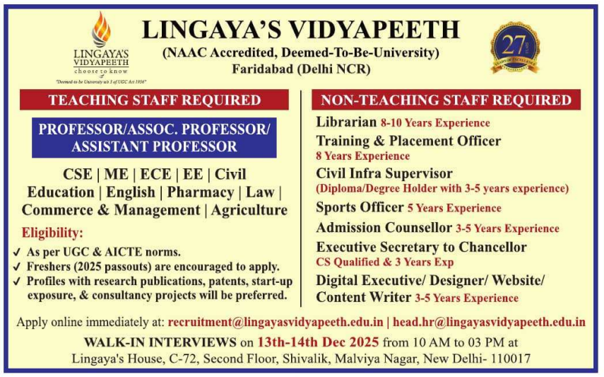 Walk-in Interview at Lingaya Vidyapeeth Faridabad 2025