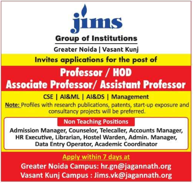 JIMS Group of Institutions Recruitment 2025