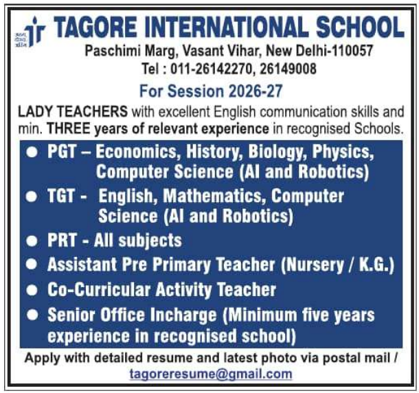 Tagore International School Recruitment 2026