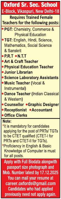 Oxford Senior Secondary School Delhi Recruitment 2025