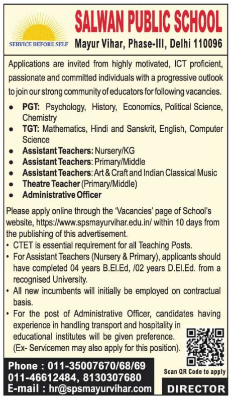 Salwan Public School Mayur Vihar Recruitment 2025