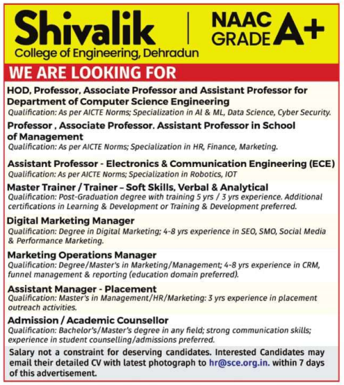 Shivalik College of Engineering Dehradun Recruitment 2025
