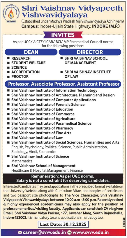 Shri Vaishnav Vidyapeeth Vishwavidyalaya Recruitment 2025