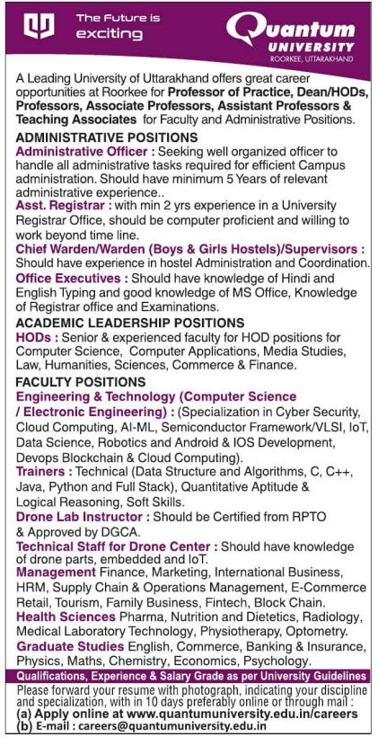 Quantum University Roorkee Recruitment 2025