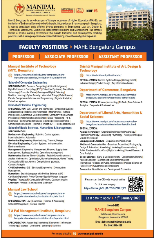 MAHE Bengaluru Campus Faculty Recruitment 2026