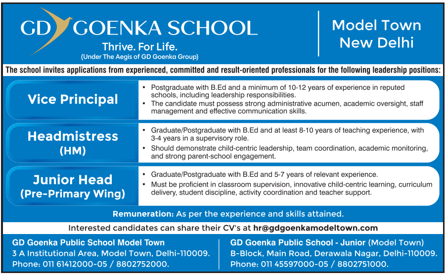 GD Goenka School Model Town Recruitment 2025