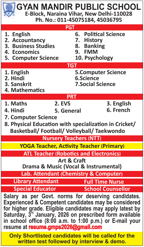 Gyan Mandir Public School Recruitment 2026