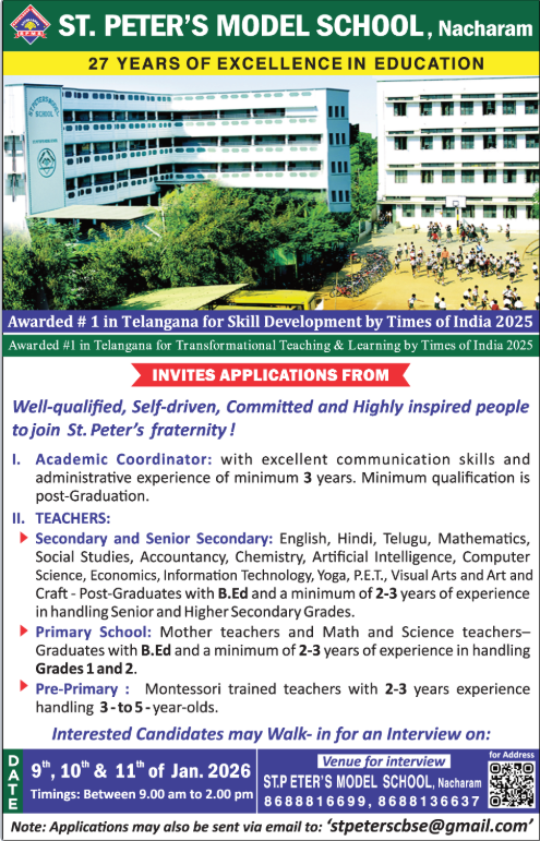 St. Peters Model School Nacharam Recruitment 2026