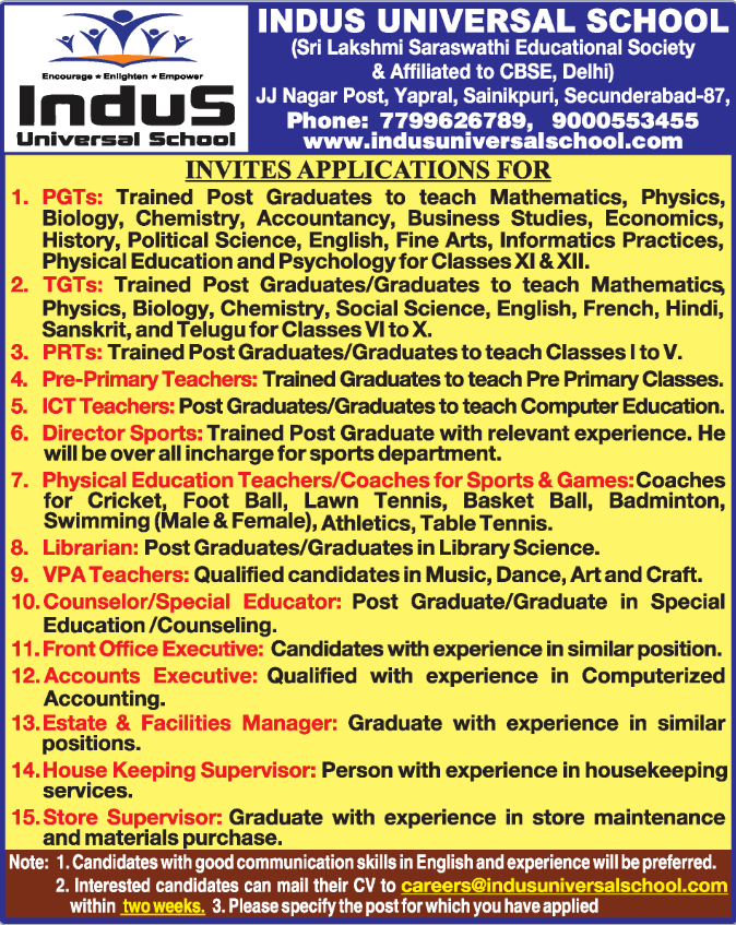 Indus Universal School Hyderabad Recruitment 2026